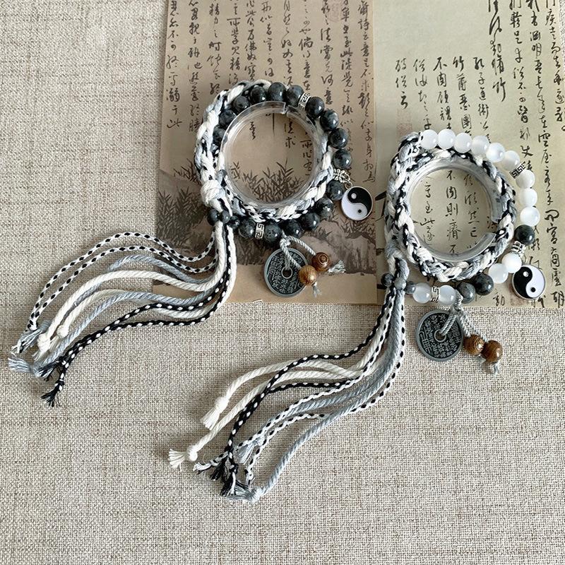Handmade Braided Bracelets For Women Men Chinese Yin-Yang Peace Charm Double Layer Stackable Bead Bangle Adjustable Jewellery