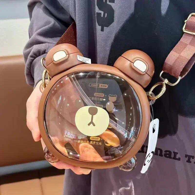 750MLCute Bear Kettle Straw Water Bottle Summer Tritan Straw Bottle Plastic Drinking Bottle Kawaii Children Water Cup for School