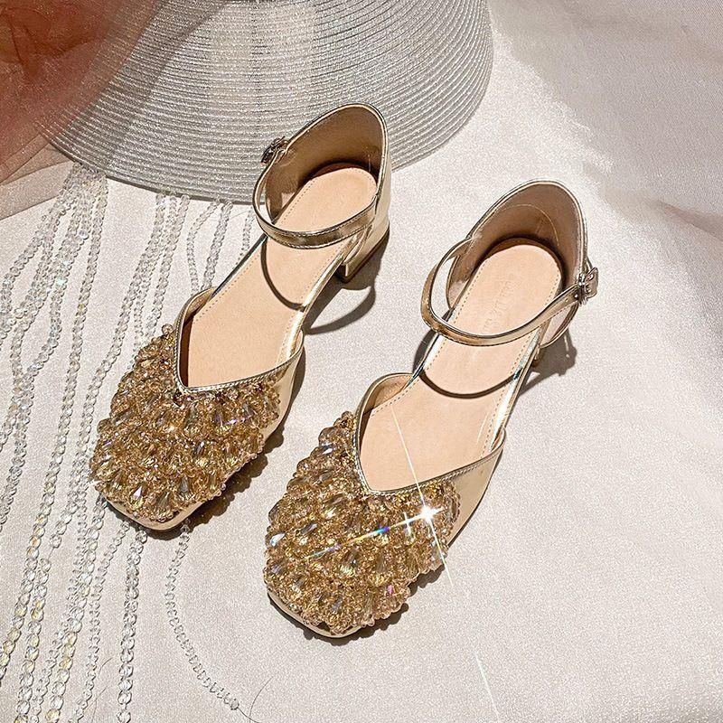 

Coarse heel single shoes women s 2025 new summer French small fragrant style versatile and thin fairy breathable medium heel bag head sandals 35 золотой