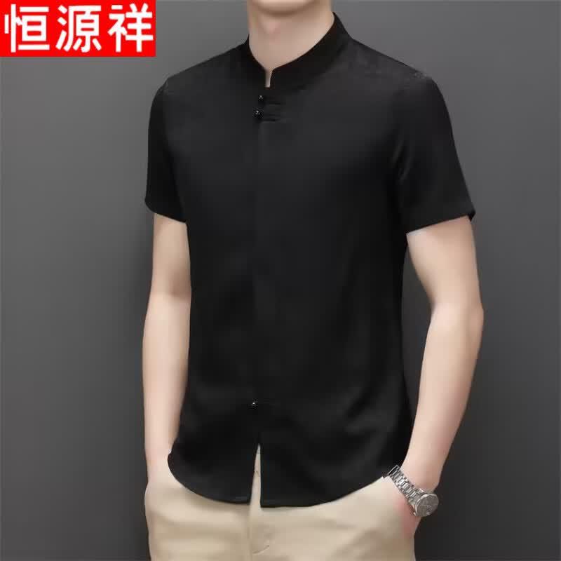 Hengyuanxiang Men's Chinese Style Printed Stand Collar Short Sleeve Shirt