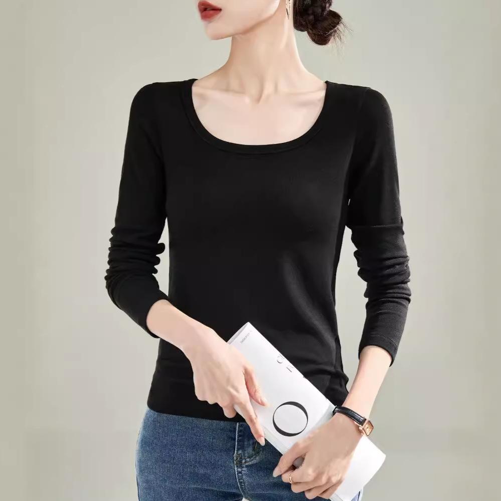 DeRong Spring and Autumn Base Shirt 2026 New Model U-Neck Slim Fit Long Sleeve T-Shirt Commuting Inner Layer Top for Women
