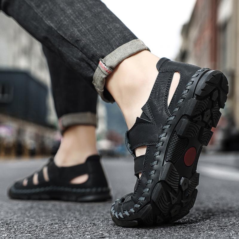 Sandals Summer Closed Toe Genuine Leather Outdoor Driving Men's Soft Bottom Non-Slip Wading Hollow Hole Sports Beach Shoes