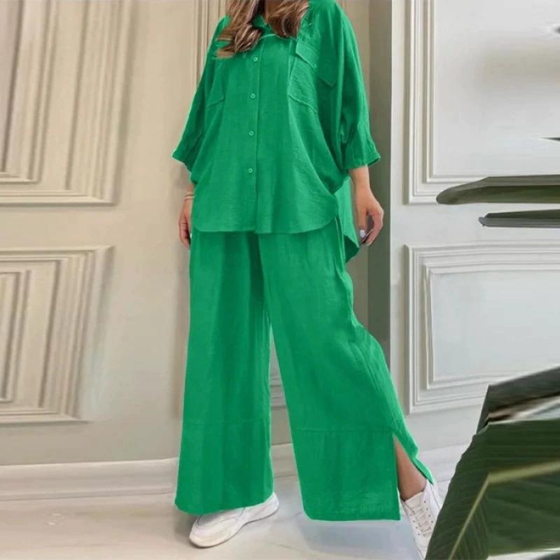 

Women s Two-piece Long-sleeved Shirt Solid Color Pants Wide-leg Suit XXXL зелений