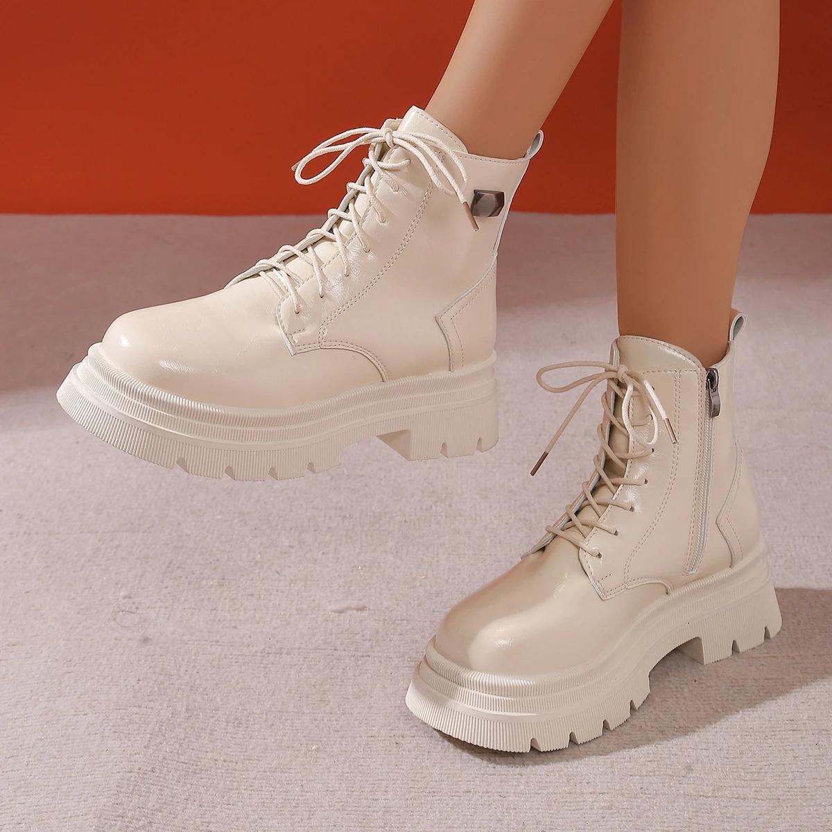 2024 бежево-черные новые женские ботильоны осень-зима на платформе со шнуровкой женские — фото 6