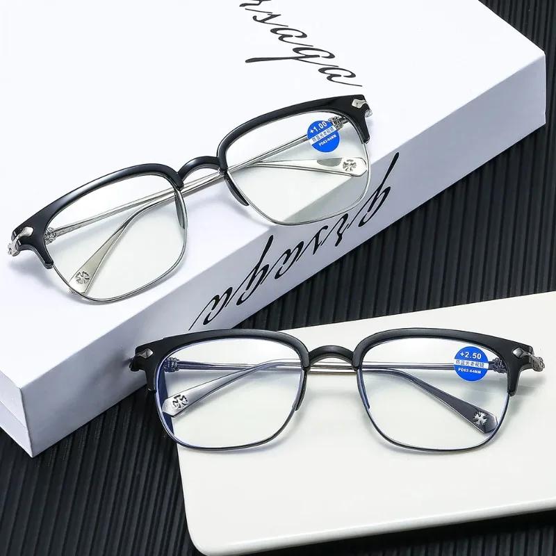 Reading Glasses for Men Business Half Metal Frame Presbyopic Eyeglasses Vintage Anti Blue Light Farsighted Eyewear +1.0 To +4.0