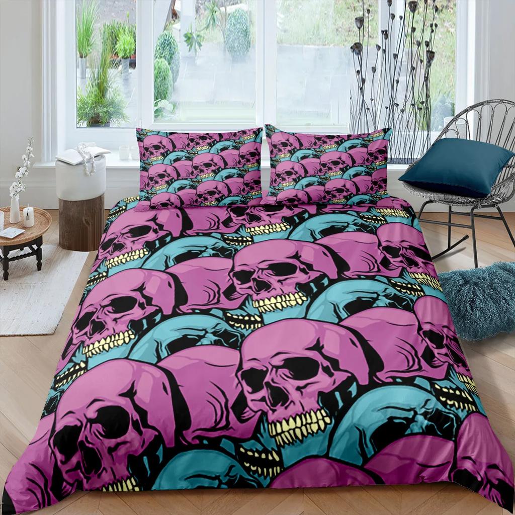 Skeleton King Queen Duvet Cover Skull Bedding Set For Kids Teens Adults Halloween Bedroom Decor Soft Comforter Cover Pillowcases