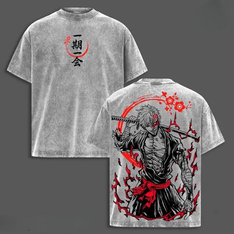 Anime BLEACH Kurosaki Ichigo Graphic T-shirt Men Clothing Tops Vintage Washed Cotton T Shirt Harajuku Oversized Short Sleeve Tee XXL серый 1530₽