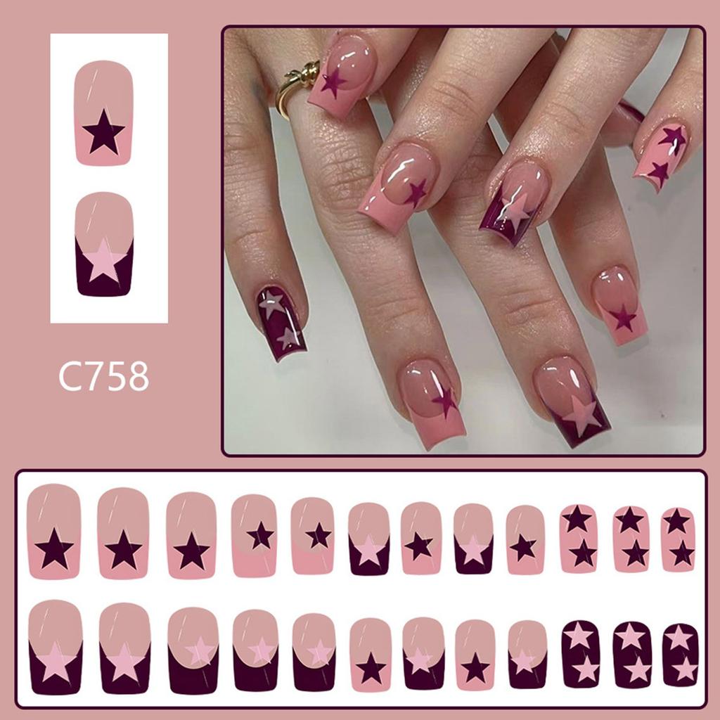 Unghie Finte a Pressione a Forma di Bara French Tip Unghie Finte Colla su Unghia Design a Stella Unghie Finte Unghie Artificiali