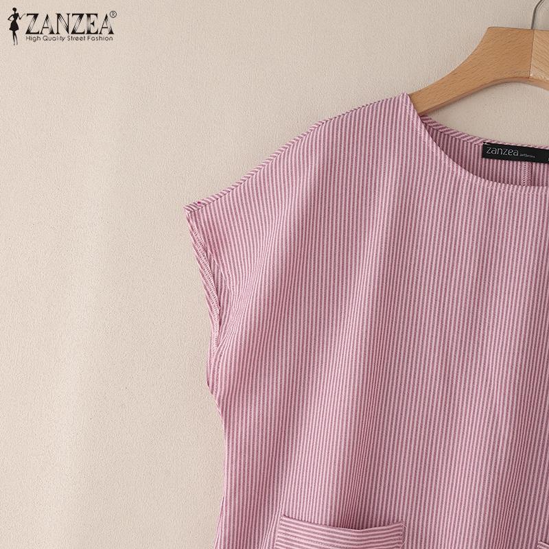 ZANZEA Blusa Casual de Verano para Mujer con Cuello Redondo y Manga Corta a Rayas