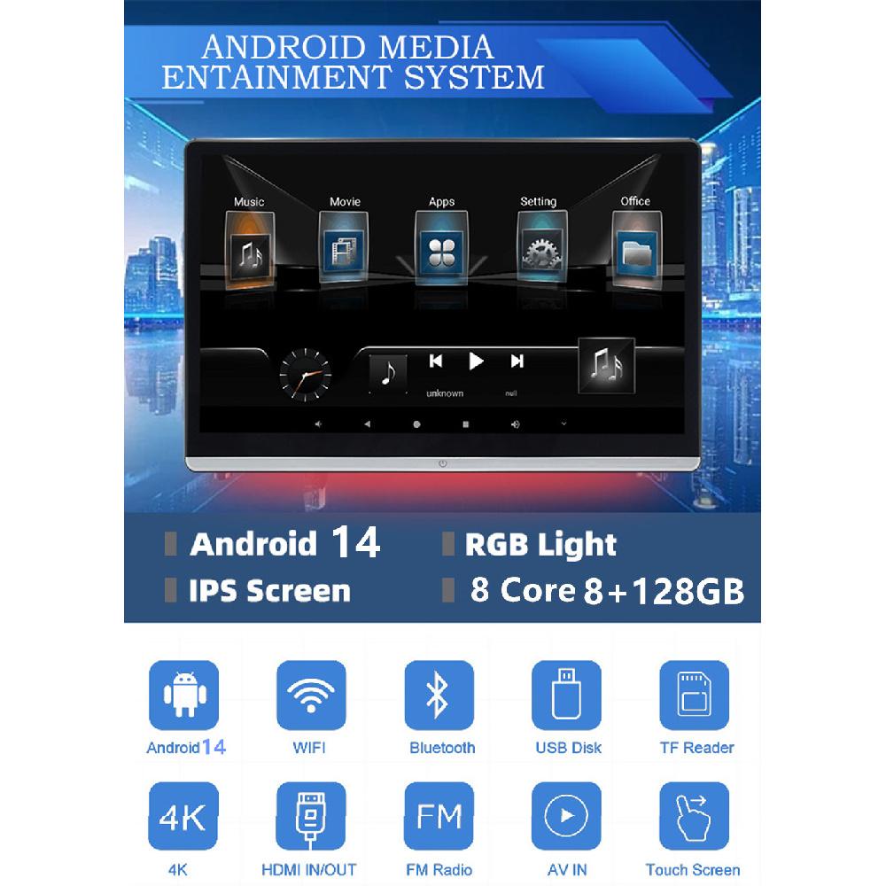 14 Inch Rotating Rotatable Headrest  Ram 8Gb+128Gb Wifi Usb/Sd 3G/4G Bt  Av Aux