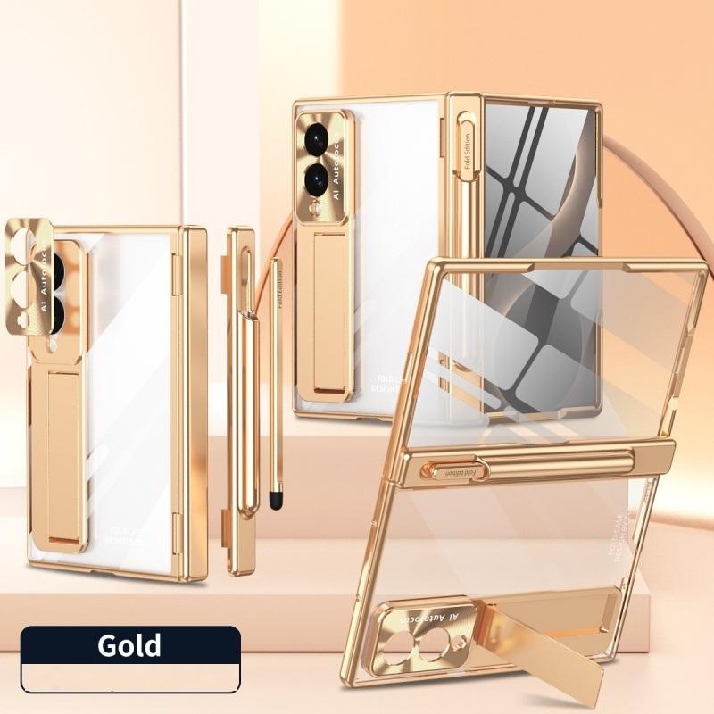 For Samsung Z Fold 8 Ultra / 7 6 5 4 3 Transparent Plating PC Hinge Protection Full Body Stand Pen Slot Case with Tempered Glass