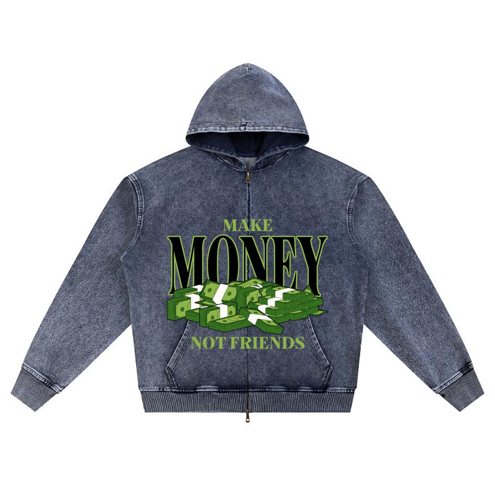 DTG Print Knitted Denim Zip-Up Hoodie Make Money Not Friends Brother Print Zipper Hoodies  