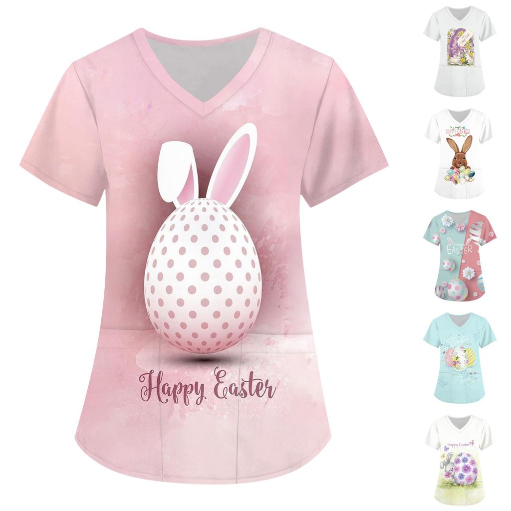 Women's Easter Printed Short Sleeve V Neck Tops Working Pocket Blouse