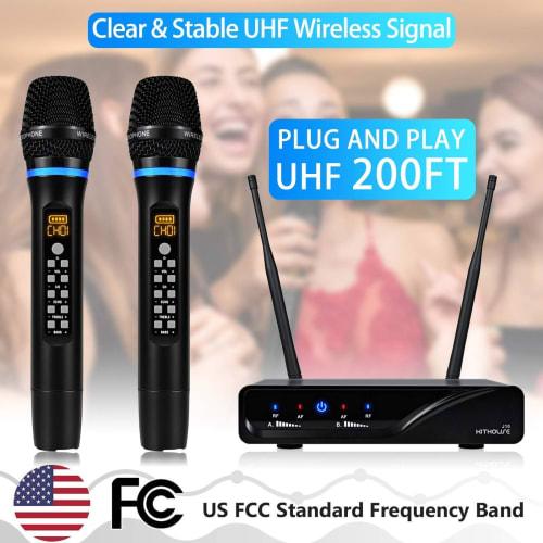 Kithouse UHF Wireless Microphone System, Metal Cordless Dual Microphone Set with Receiver Box and Volume Control, for Home Karaoke, Meetings, Parties,