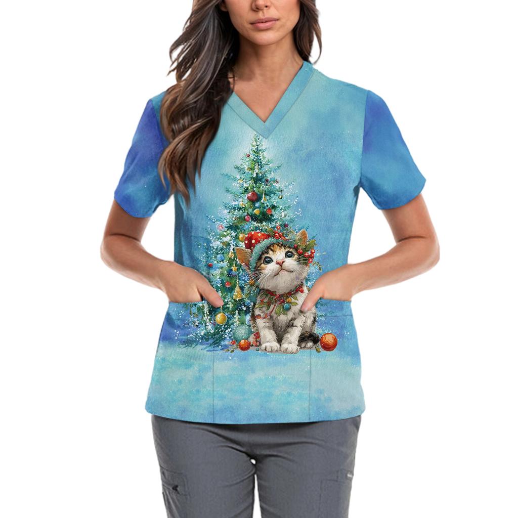 Women's Cute Bow Printed Work Clothes V-neck Double Layer Pockets Basic Short Sleeve Top Pullover