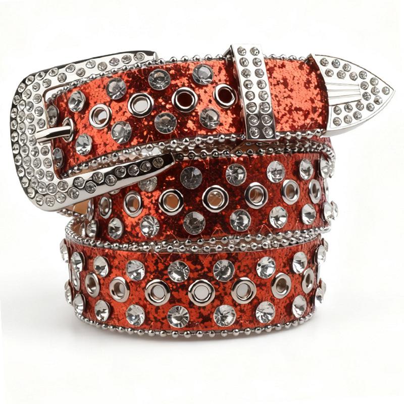 Женский пояс со стразами и кристаллами: Сверкающий Алмазный Кожаный Аксессуар 110cm красный