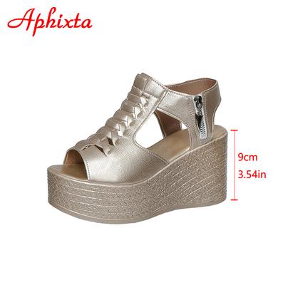 Aphixta Été Sandales à Plateforme à Talons Compensés Hauts de 9 cm Sandales Femme Dessus Or Chaussures d'Été à Zip pour Femmes Sandales Peep Toe Grande Taille 43