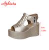 Fashion Aphixta Summer 9cm High Wedge Heel Platform Sandals Woman Sandals Gold Upper Women Zip Summer Shoes Peep Toe Sandals Big Size 43