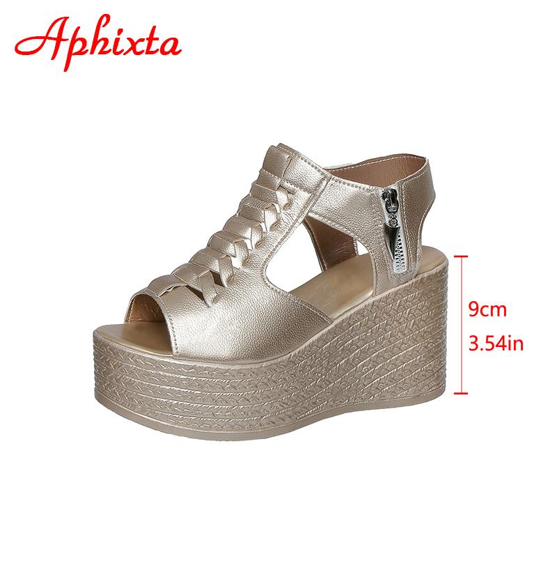 Fashion Aphixta Summer 9cm High Wedge Heel Platform Sandals Woman Sandals Gold Upper Women Zip Summer Shoes Peep Toe Sandals Big Size 43