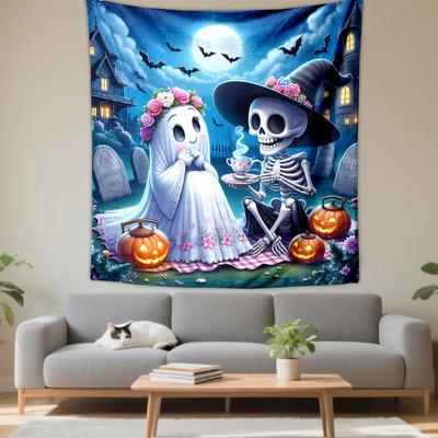 Cute Ghost and Skeleton Halloween Picnic Patterned Tapestry Decorative Wall Hanging, Home Bedroom Living Room Decor