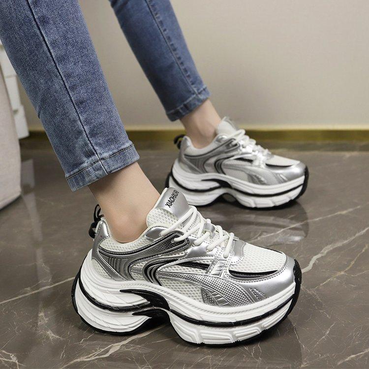 Women Mesh Solid Color Patchwork Thick Sole Lace-up  PU Leather Solid Color Lace-up Thick Sole Casual Fashion Sports