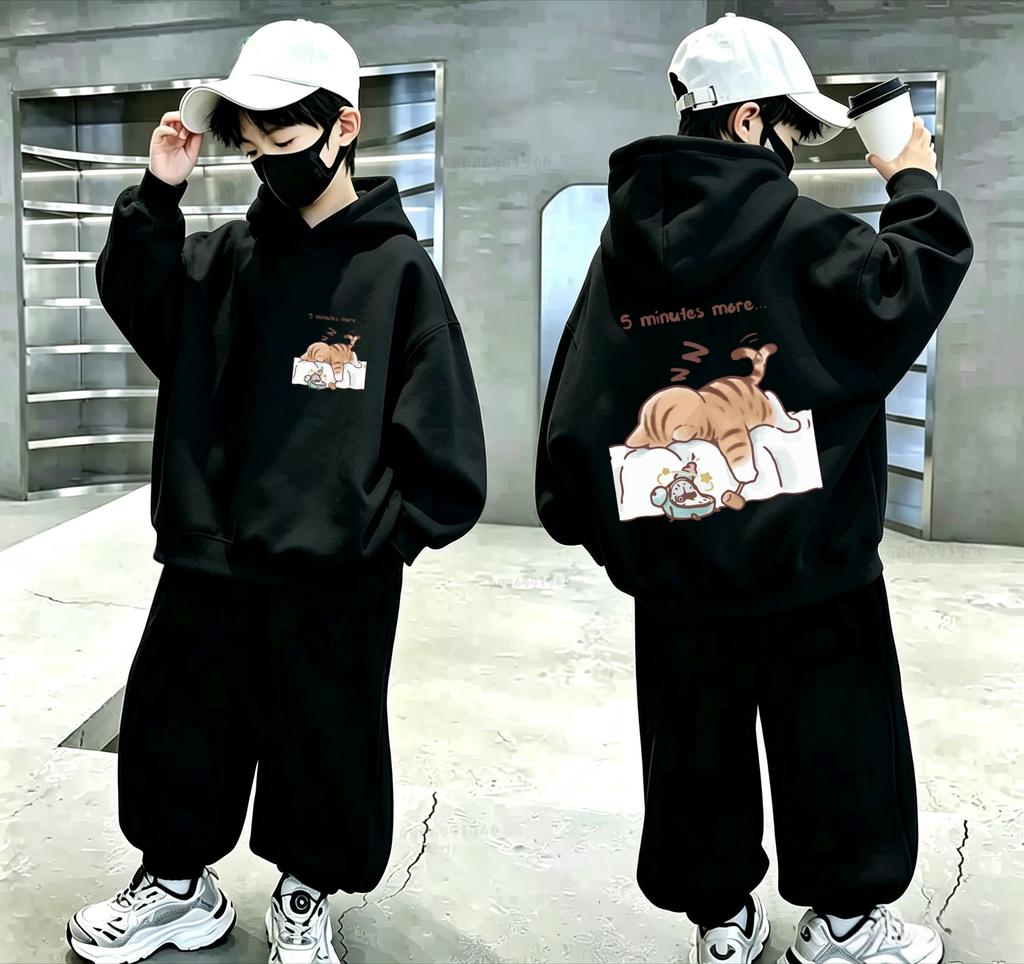 Children's Cat Pattern Alarm Clock Double-Sided Printed Hooded Sweatshirt for Boys and Girls Casual Street Hoodie
