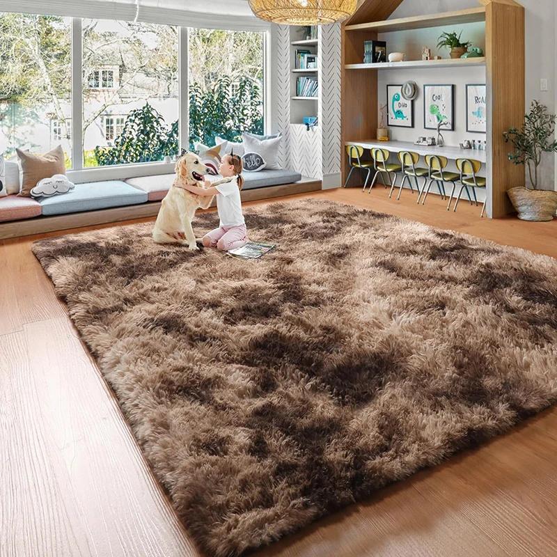 Soft Fluffy Plush Tie-Dye Carpet Gradient Long Fine Hairs Fabric Bedside Mat Rug For Girl's Bedroom Non-Slip Mat Home Decor
