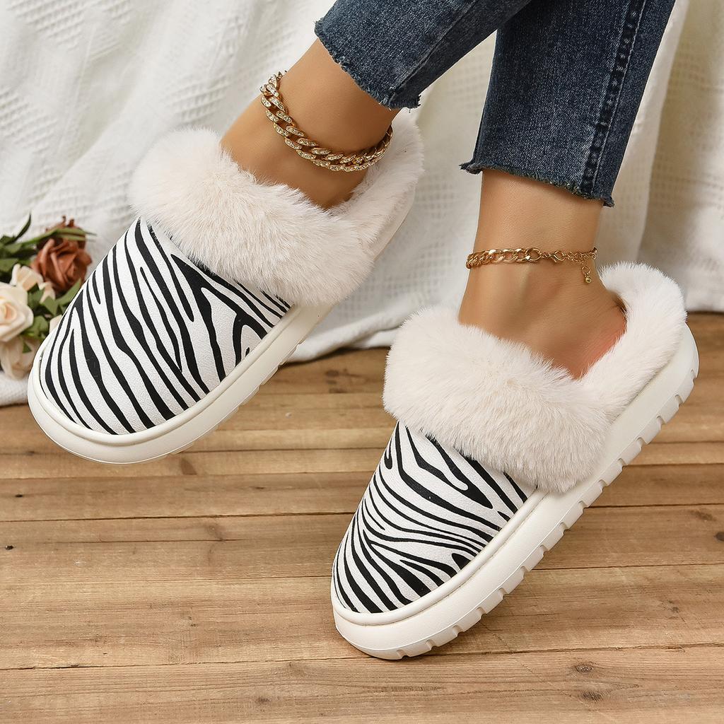 Fashion Women Platform Cotton Slippers 2025 New Winter Plush Boots Women Zebra Printed Snow Boots Short Plush Slides Warm Slippers Women
