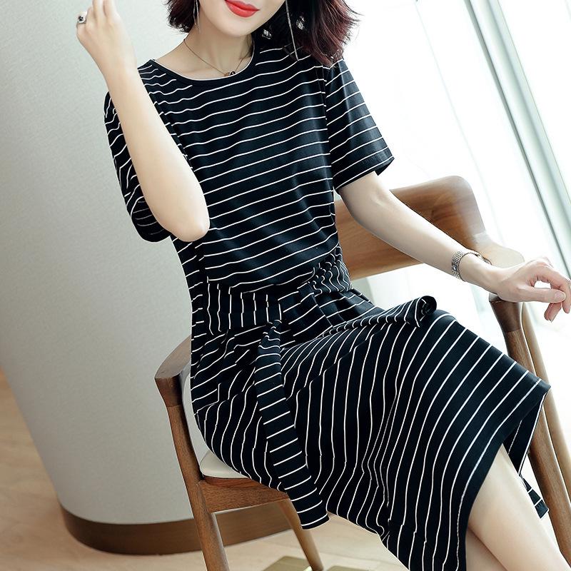 2026 Summer Striped Tie-Up Mid-Length Women s T-shirt Dress - Elegant & Slimming 3XL чёрный