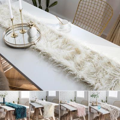 Luxury Shaggy Faux Fur Artificial Sheepskin Christmas Table Runner New Year Home Dinner Table Decor