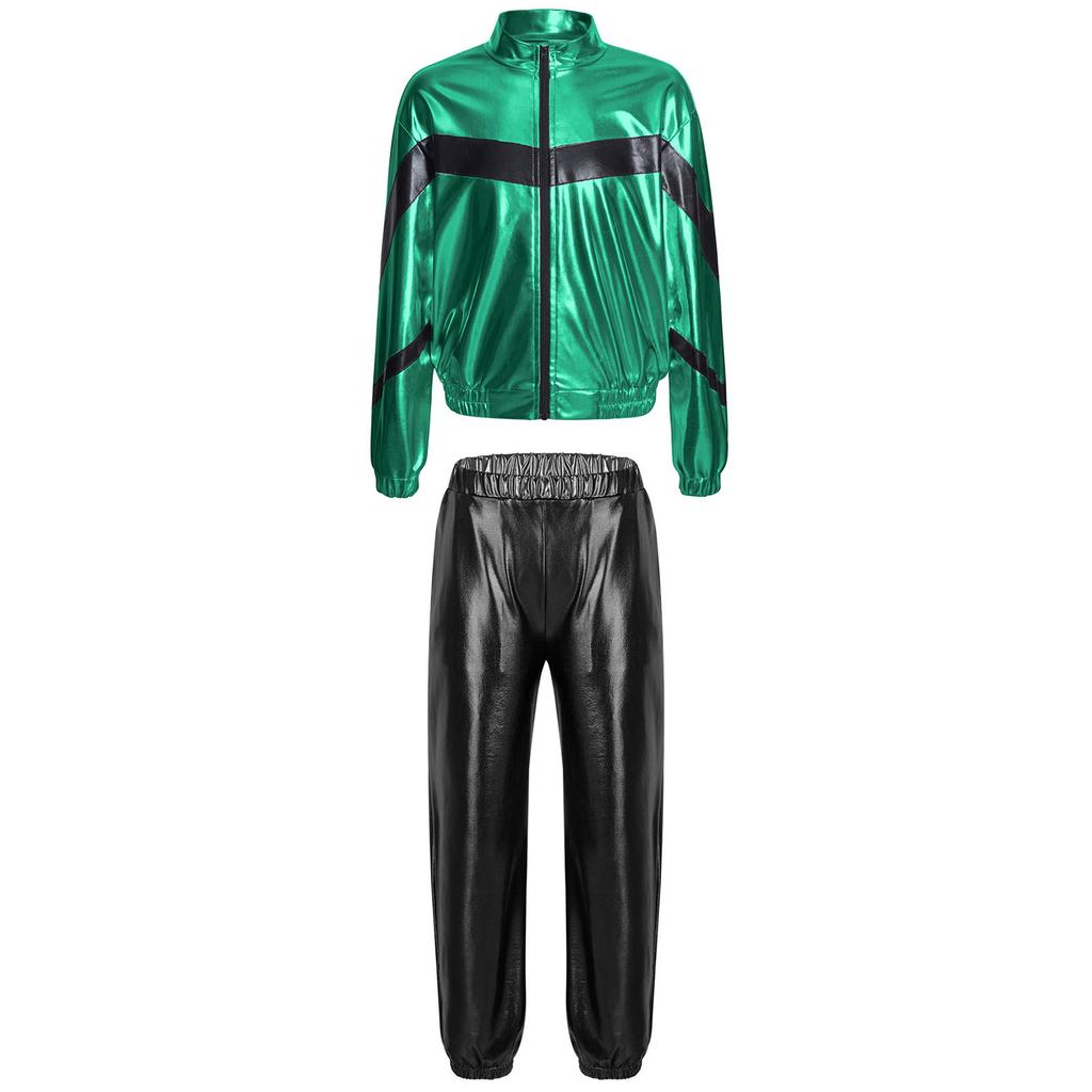 Girls Hip Hop Dance Jacket Metallic Zipper Contrast Color Stand Collar Coat Glittery Waist Pants Set