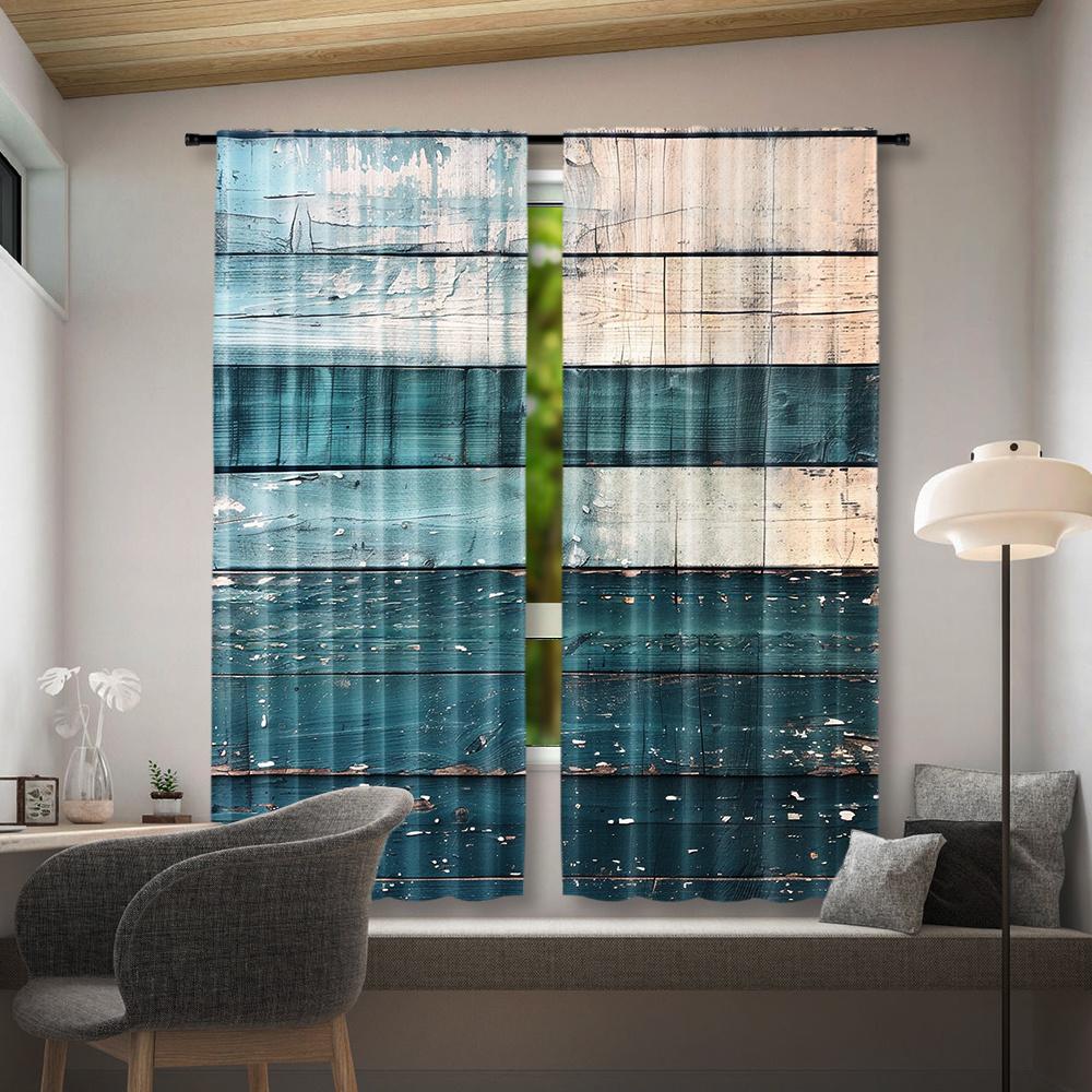 2pcs Vintage Gray & Blue Wooden Door Print Curtains - Rod Pocket Window Treatment for Bedroom   Office   Kitchen   Living Room & St