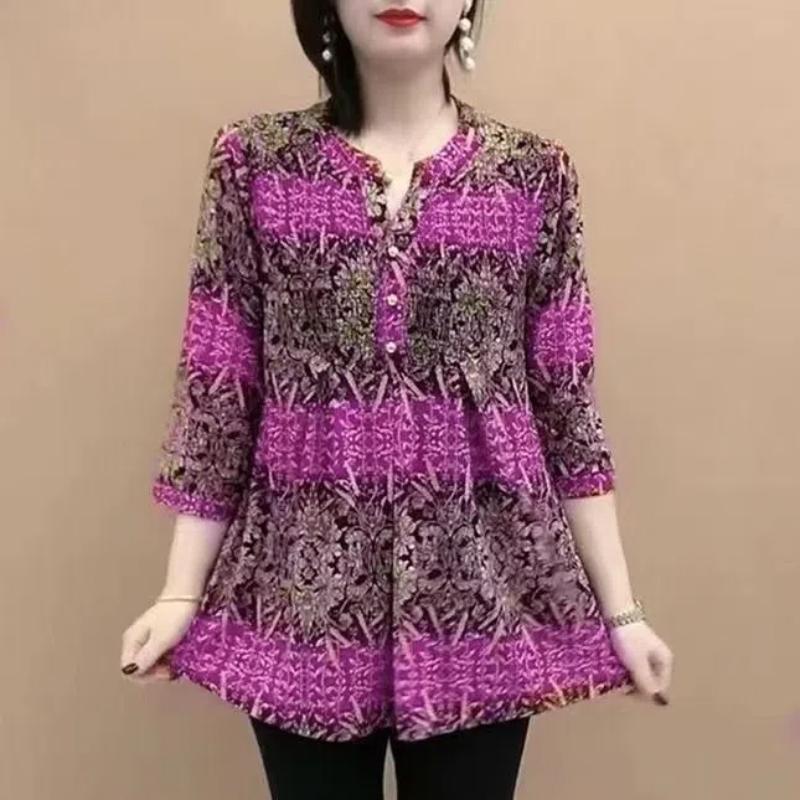 Pulover de vară pentru femei cu gât O, cu nasturi îmbinate, imprimeu, la modă, larg, minimalist, versatil, casual, cu mâneci 3/4, topuri din șifon
