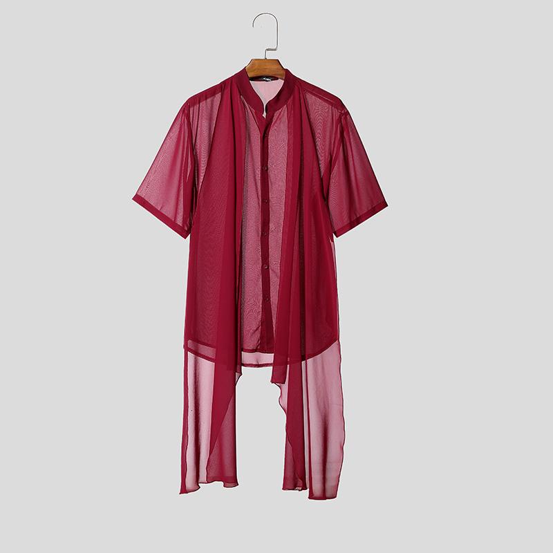 INCERUN Men Stand Neck Short Sleeve Double Layers Buttons Mesh Sheer Casual Shirts