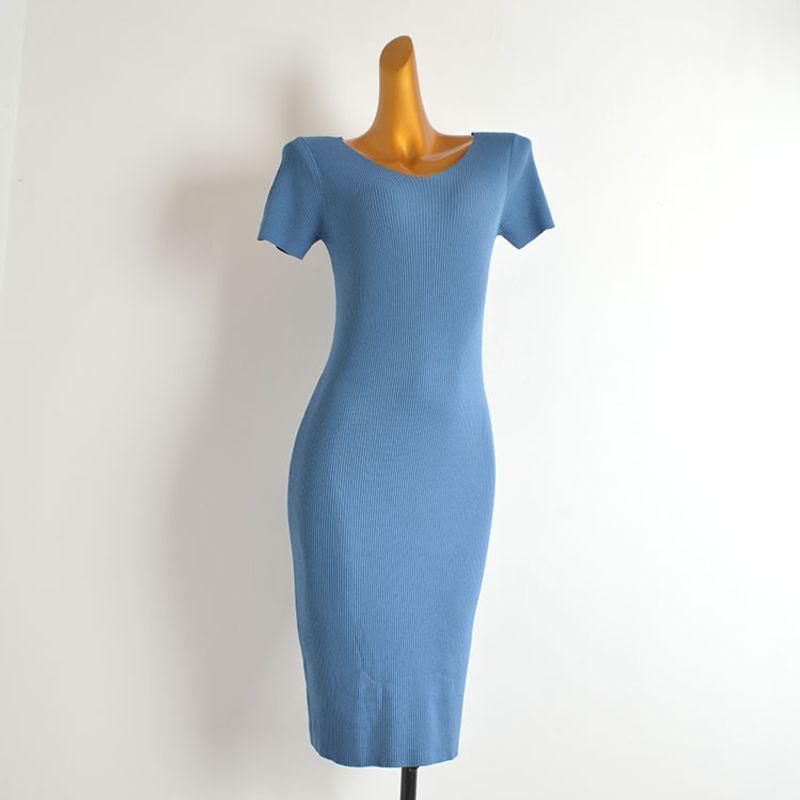 

Summer New Arrival Pure Color Series Short Sleeve Knitting Dress Women s Clothing Silm Sexy Open Back Bottoming Hip Skirt Blue All yards