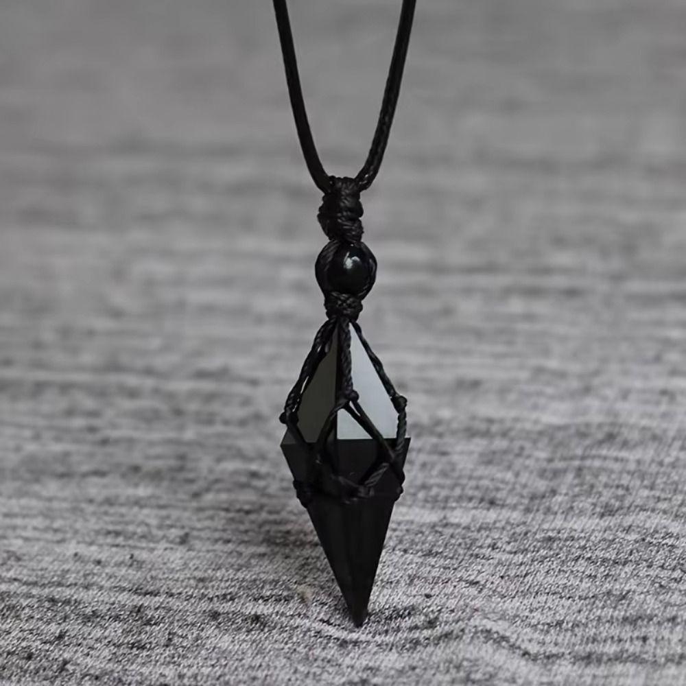 Creative Bohemian Black Stone Necklace Adjustable Rope Handmade Stone Pendant Vintage Geometric Stone Necklace Father's Day Gift