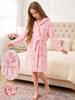 Girls White Heart Print Long Sleeve Hooded Robe Loungewear Set, Striped, Autumn/Winter, Soft Comfortable Cute, Pajamas Loungewear Indoor Set