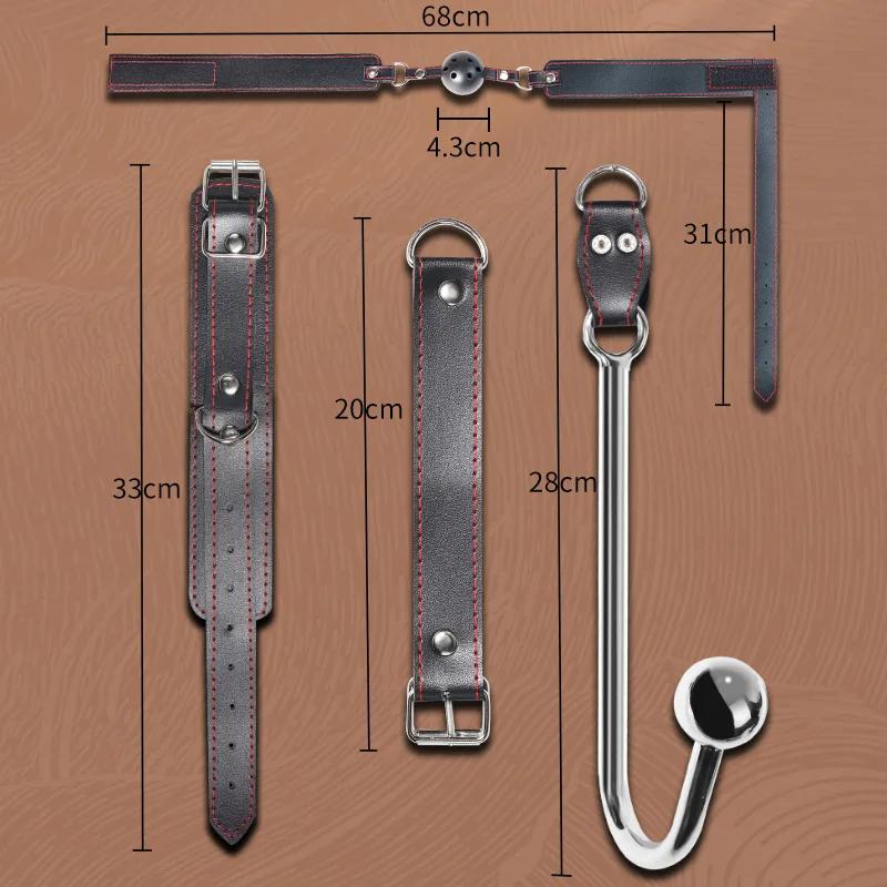 BDSM Sex Bondage Restriksjoner Kit Lær Lårsele Brystbelte Bak Ryggen Håndjern Åpne Ben SM Slave Fetisj Analkrok