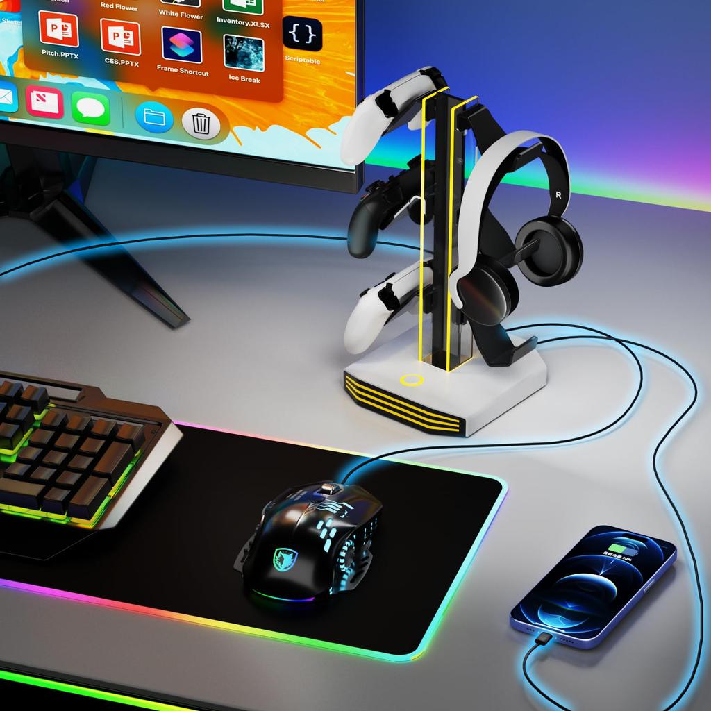 Universal Game Controller Headphone Stand with RGB Lights with Desk Organizer Holder, Multi-Color (Compatible PS5/Xbox/Switch)