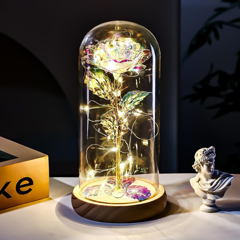 Gold Foil Rose with Glass Cover and Solid Wood Base - Creative Gift for Valentine's, Christmas, and Birthdays