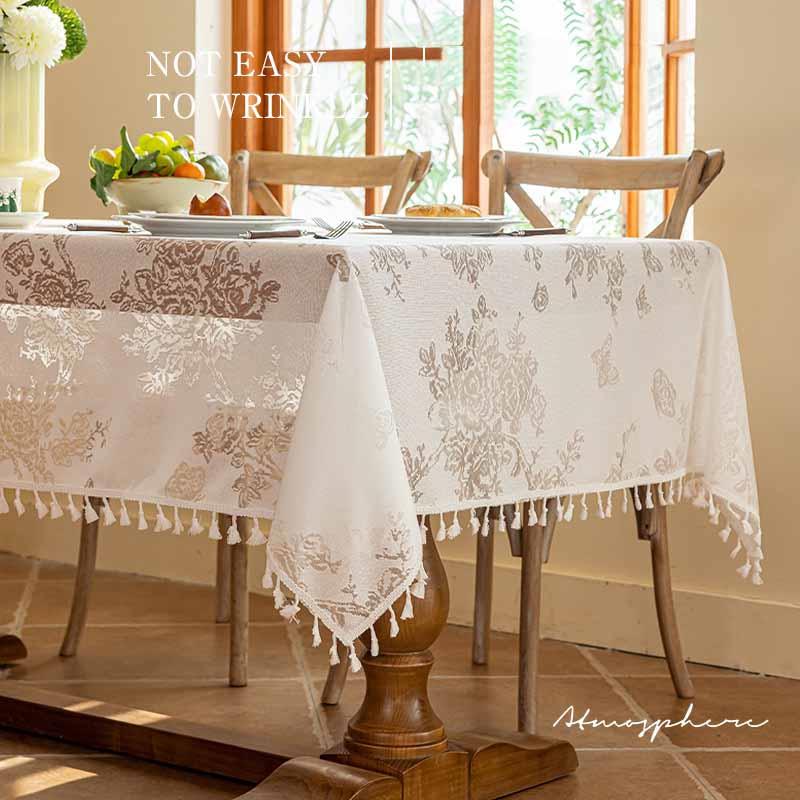 Luxe Tasseled & Jacquard Polyester Tablecloth - Rectangle Lace Dust Cover for Dining & Console Tables Home Decor