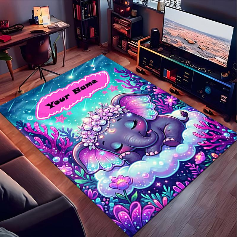 1PC Custom Name Ethereal Elephant Fantasy Theme Floor Mat Ideal for Living Room, Game Rooms, Office, Bedroom,Floor Mat Playful Design