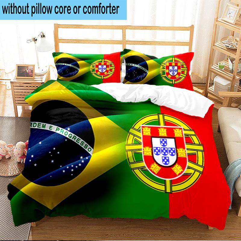 3PCS Flags Of Portugal And Brazil Bedding Set For Bedroom, Dormitory,Including 1pc Duvet Cover And 2pcs Pillowcases Large size Fan gift