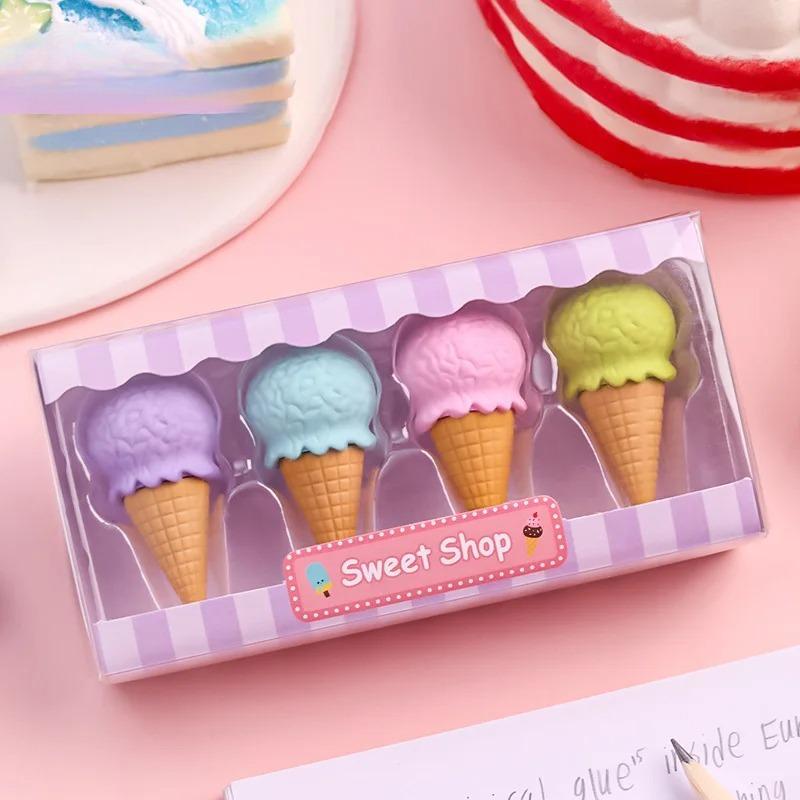 4pcs Yummy Icecream Erasers Set Mini Lollipop Dessert Popsicle Donuts Rubber Pencil Eraser for Kids Gift School Student Award