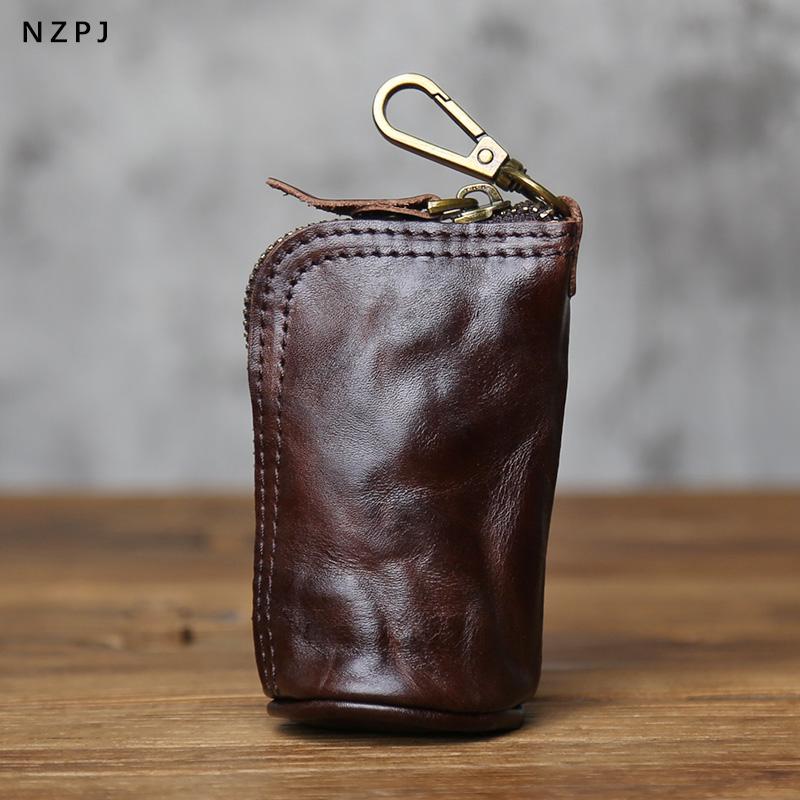 NZPJ Retro Genuine Leather Key Bag Natural Head Layer Cowhide Small Wallet Storage for Women Men Car Key Organizer