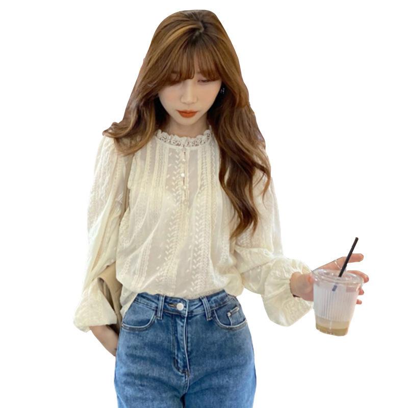 Spring O-neck Elegant Blouse Puff Sleeve Sweet Women's Shirt Fashion New Lace Long Sleeve Tops