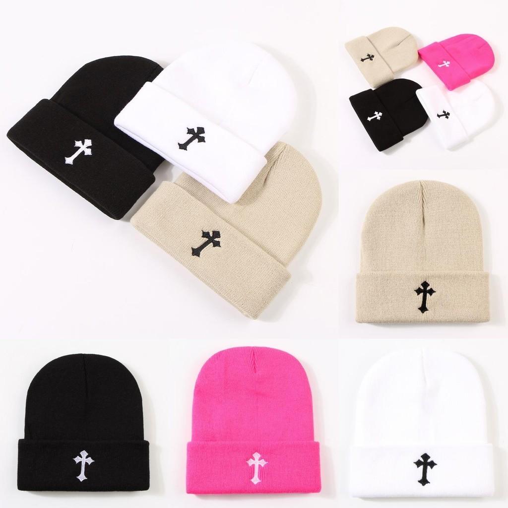 Fashionable Cross Embroidery Knitted Hat Warm Street Style Student Couple Ear Protection Beanie