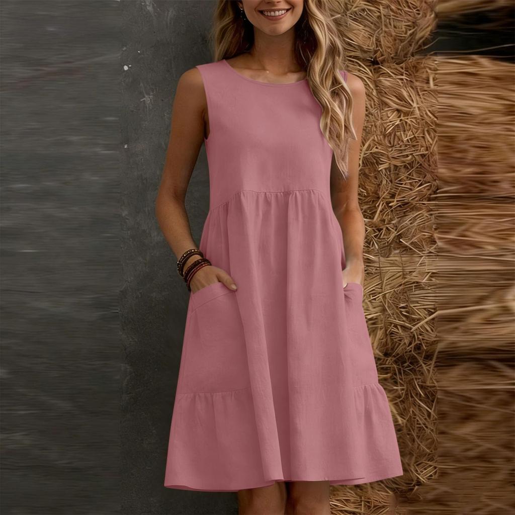 Women's Summer Casual Sleeveless Strappy Dress Linen A-Line Skirt
