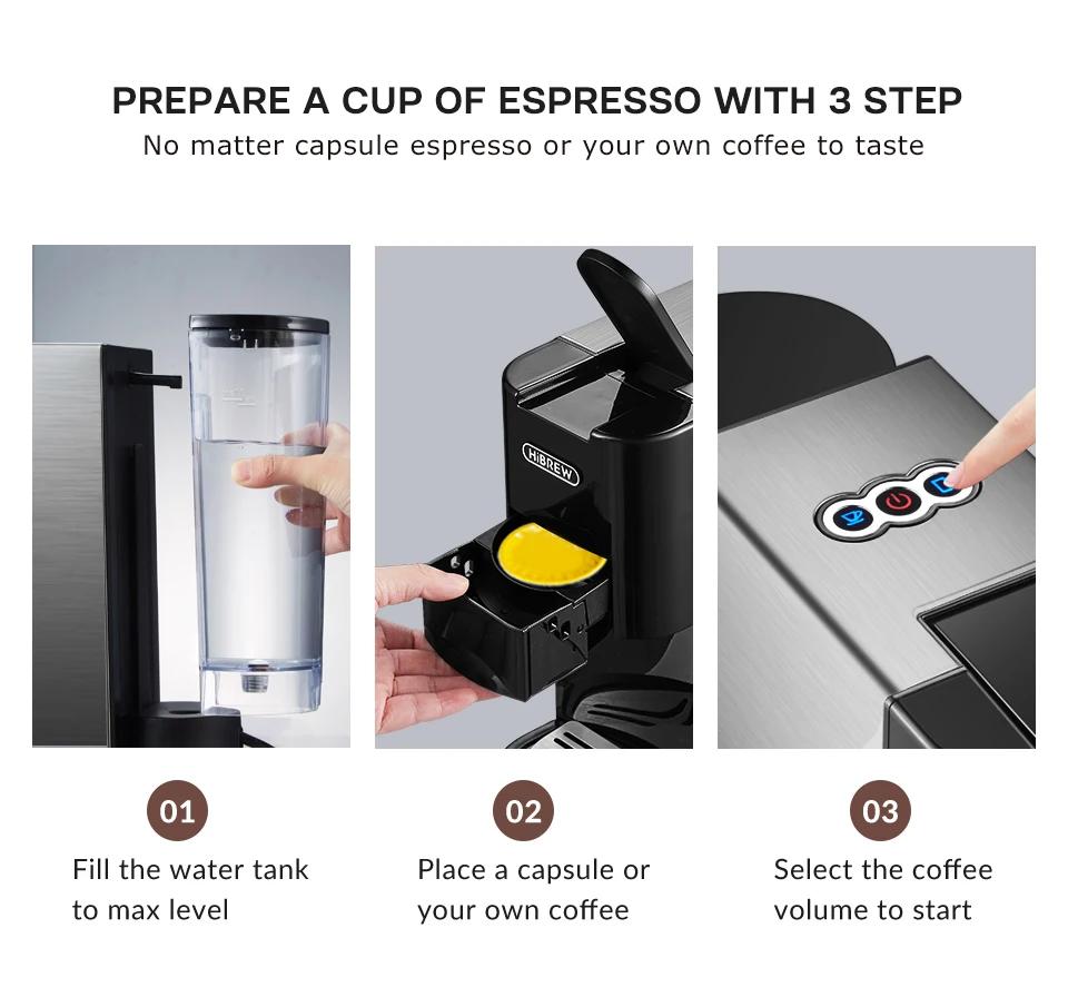 HiBREW Coffee Machine 5in1 Multiple Capsule Espresso Dolce Milk&Nespresso&ESE Pod&Powder Coffee Maker Stainless Metal H3A