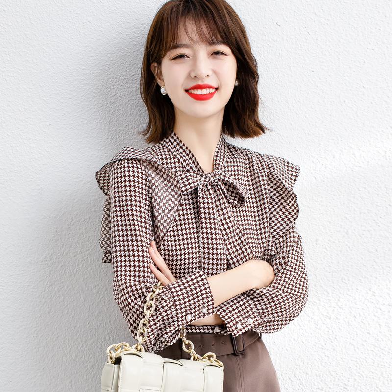Thousand Bird Grid Shirt for Women Spring Clothing Bow Tie Shirt for Women Fashionable Versatile Top Blouses & Shirts